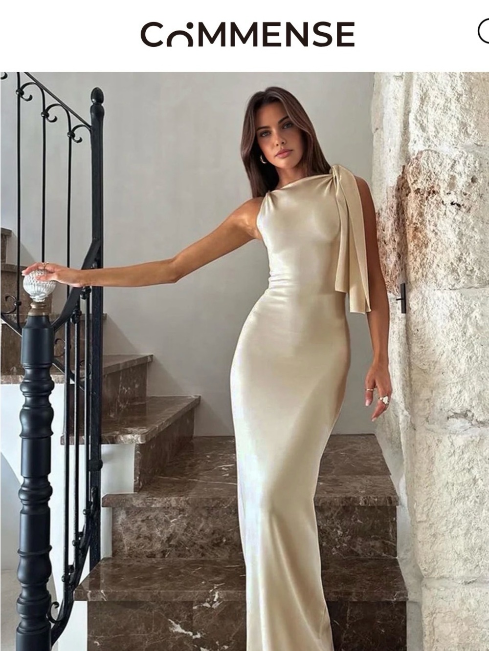 Commense Champagne One-Shoulder Satin Gown